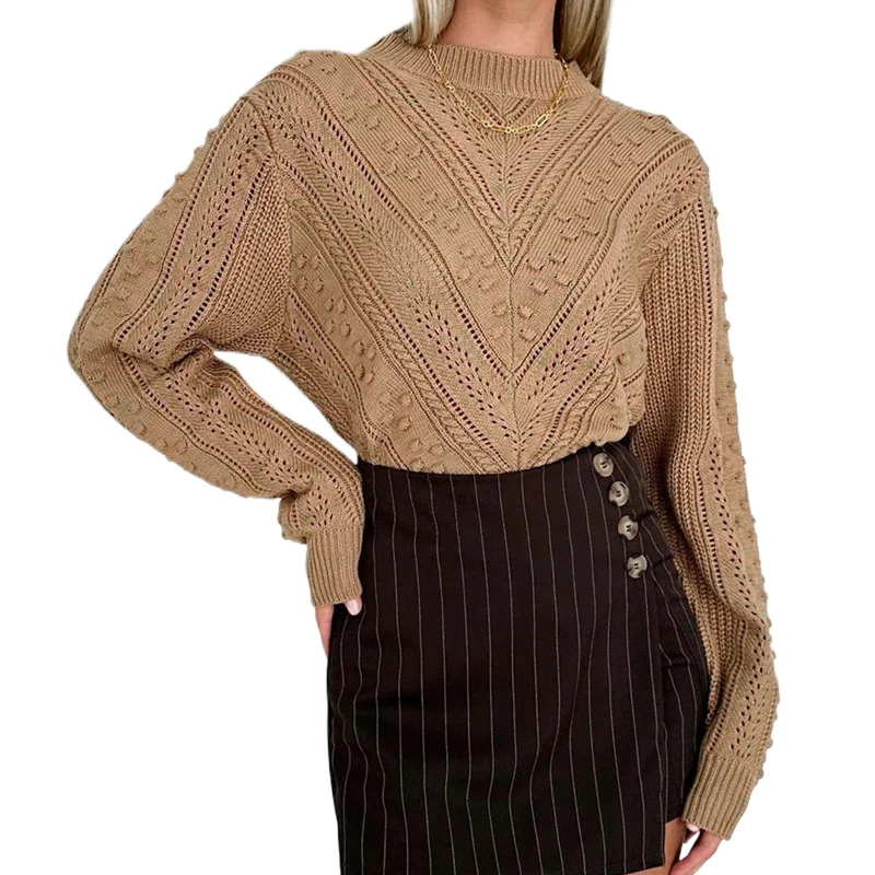 Damen Strukturierter Ajourstrick-Pullover mit Noppenmuster und Stehkragen Nord Taschen