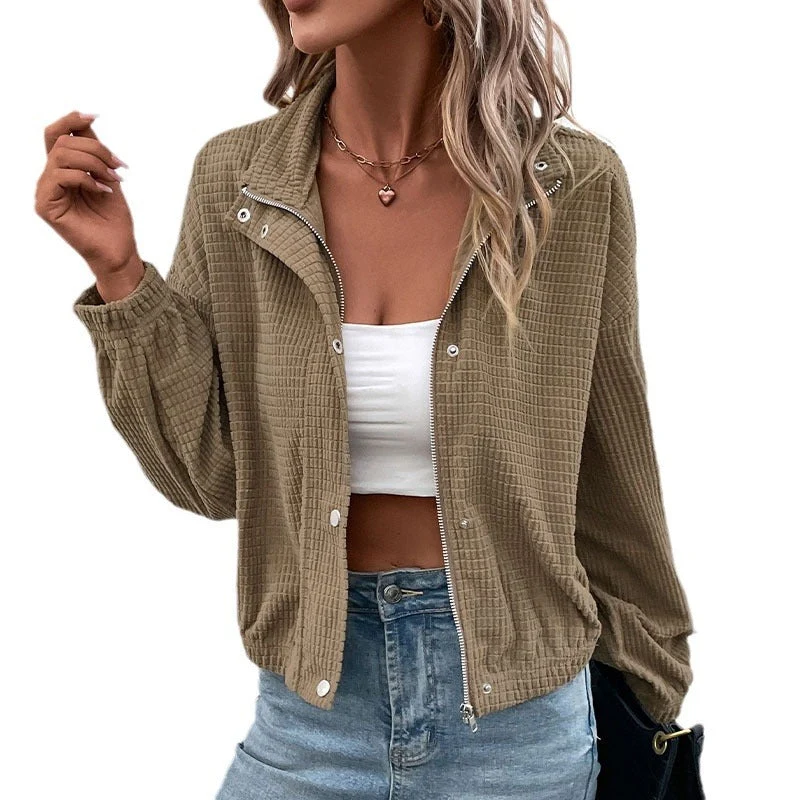 Damen Kurzgeschnittene Waffelstruktur-Übergangsjacke mit Reißverschluss, Stehkragen und elastischen Bündchen Nord Taschen