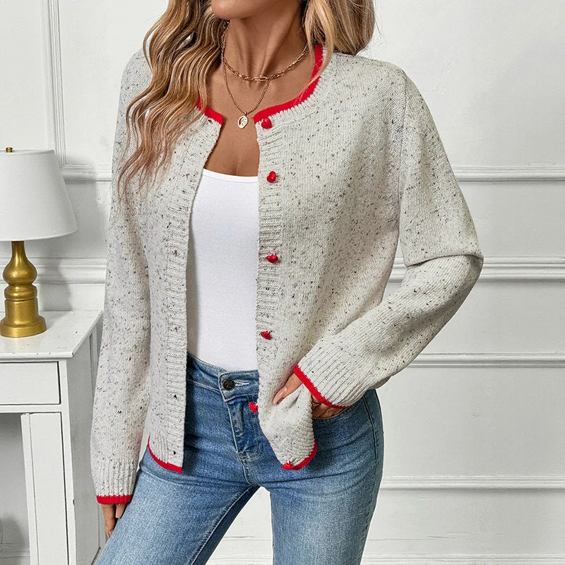 Damen Kurzgeschnittener Bouclé-Cardigan mit Kontrastbündchen und dekorativen Herzknöpfen Nord Taschen
