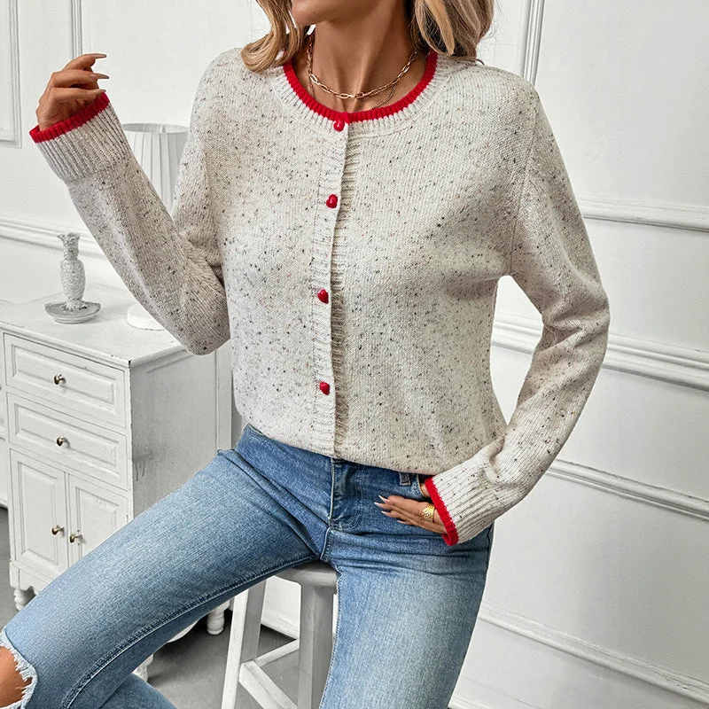 Damen Kurzgeschnittener Bouclé-Cardigan mit Kontrastbündchen und dekorativen Herzknöpfen Nord Taschen