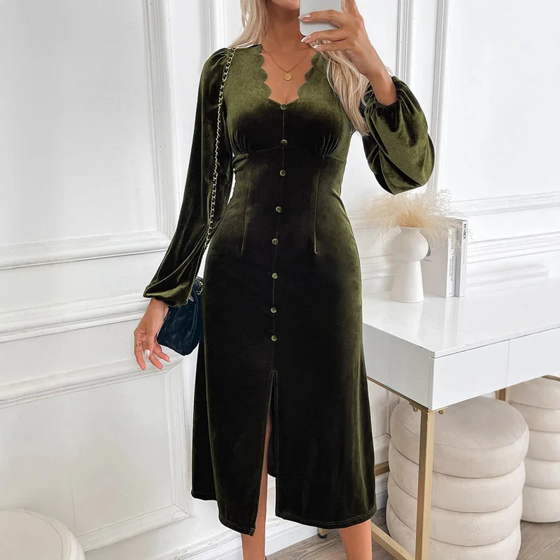 Damen Samt-Midikleid mit tailliertem Schnitt, geschwungenem Ausschnitt, Puffärmeln & Zierknopfleiste Nord Taschen