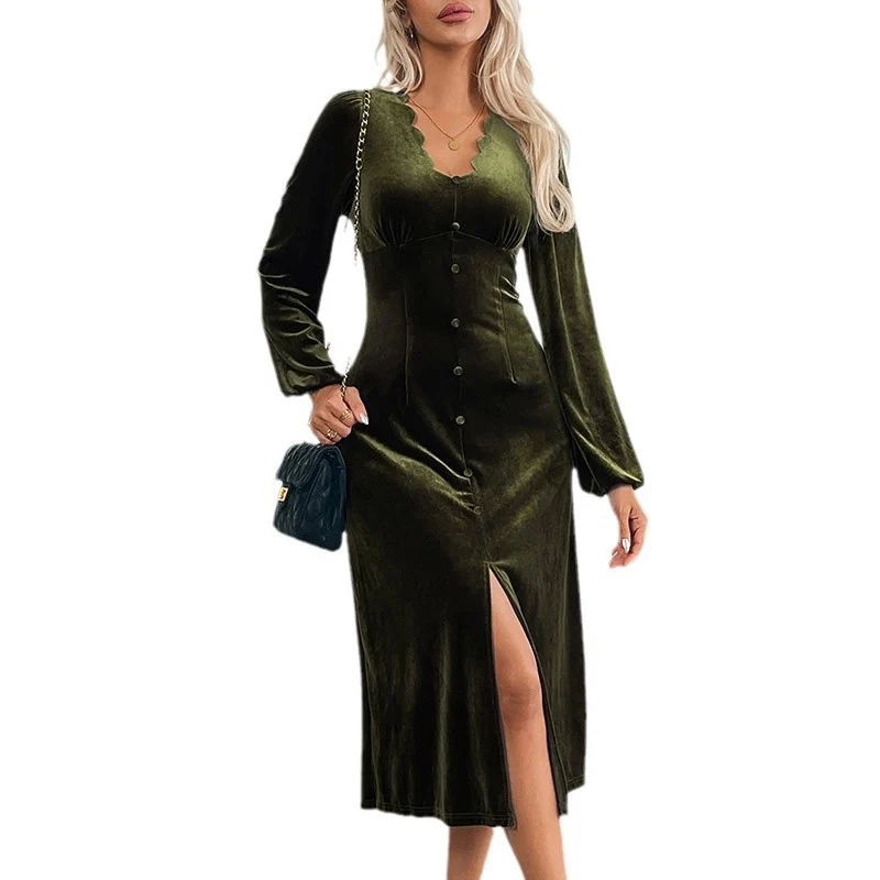 Damen Samt-Midikleid mit tailliertem Schnitt, geschwungenem Ausschnitt, Puffärmeln & Zierknopfleiste Nord Taschen