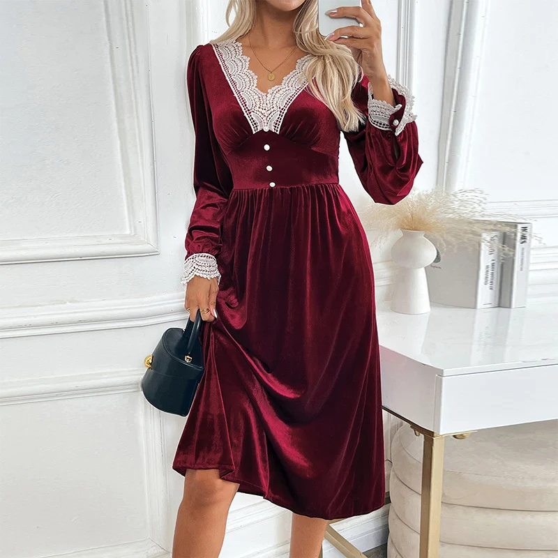 Damen Samt-Midikleid mit Spitzendekor, V Ausschnitt und taillierter Empire Silhouette Nord Taschen