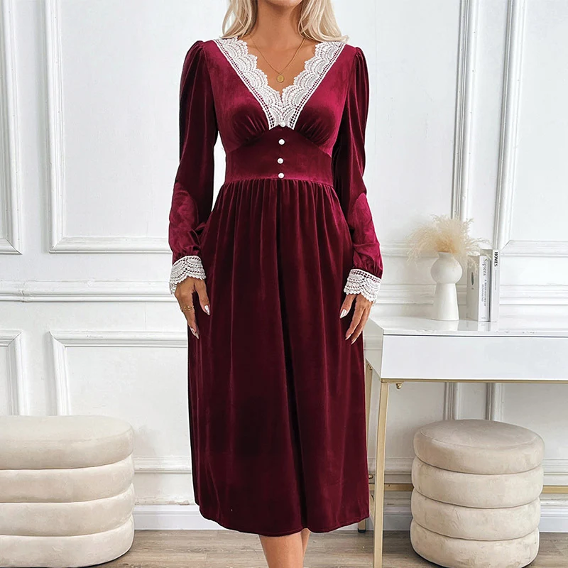 Damen Samt-Midikleid mit Spitzendekor, V Ausschnitt und taillierter Empire Silhouette Nord Taschen