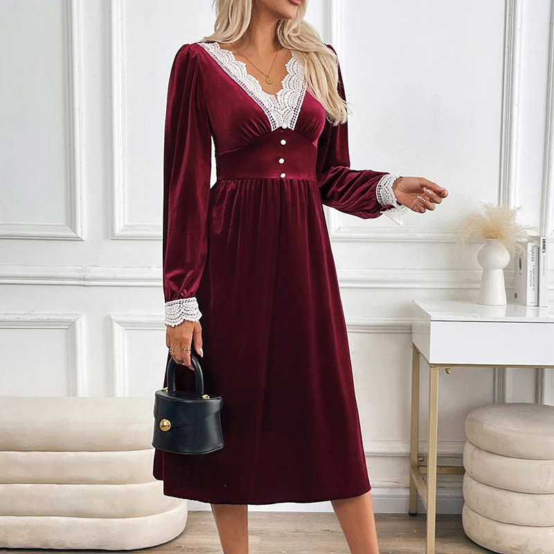 Damen Samt-Midikleid mit Spitzendekor, V Ausschnitt und taillierter Empire Silhouette Nord Taschen
