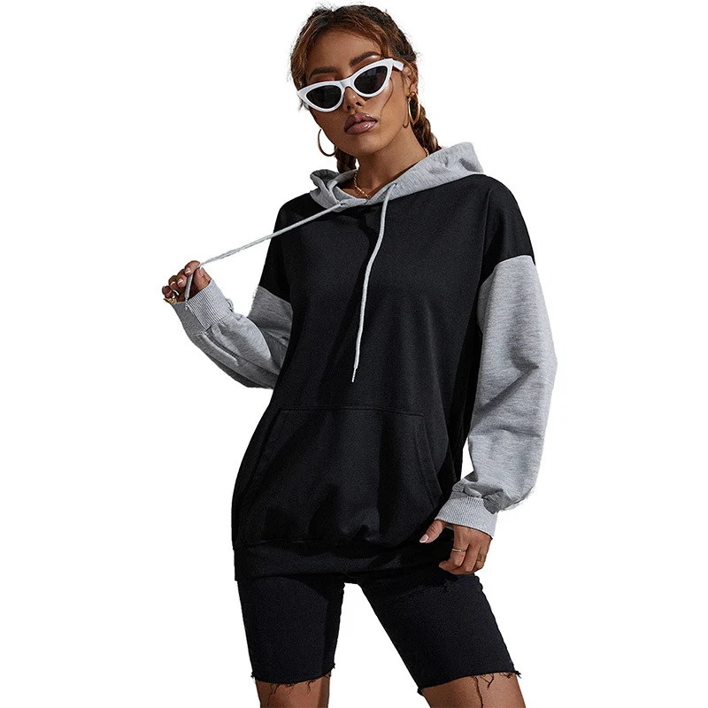 Damen Oversize Sweatshirt mit Kapuze, Kontrastärmeln und Kängurutasche Nord Taschen