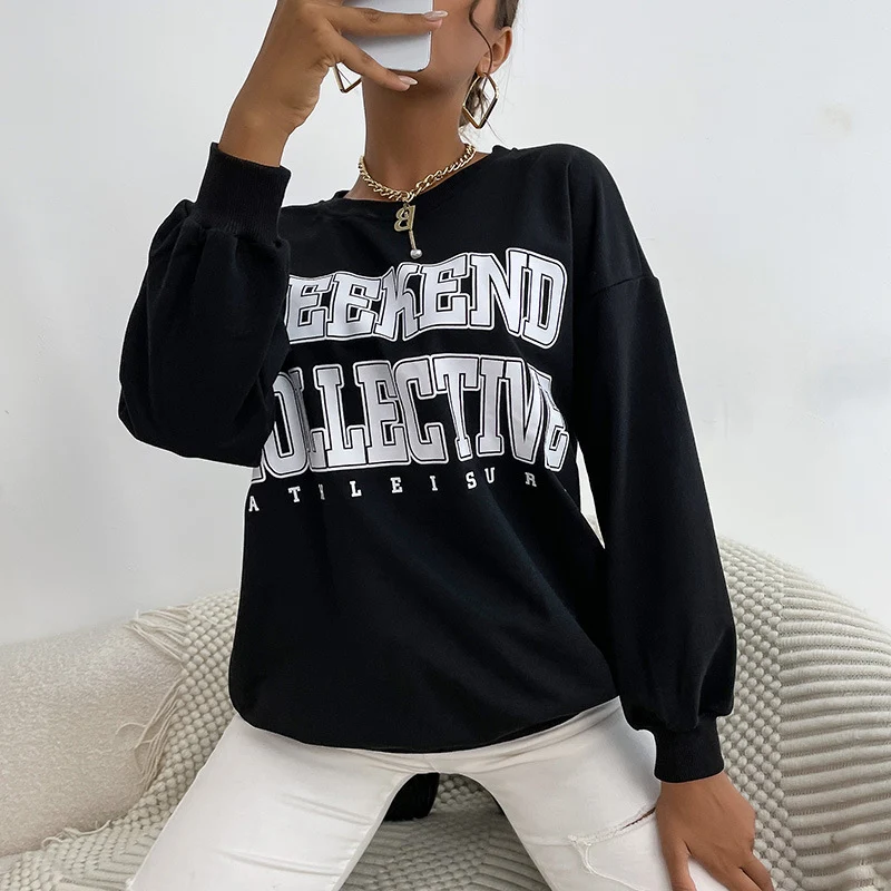 Damen Oversize Sweatshirt mit College-Print und Rundhalsausschnitt Nord Taschen
