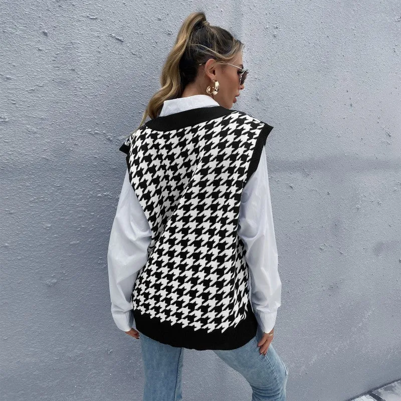 Damen Oversize Strickweste mit Hahnentrittmuster und V-Ausschnitt Nord Taschen