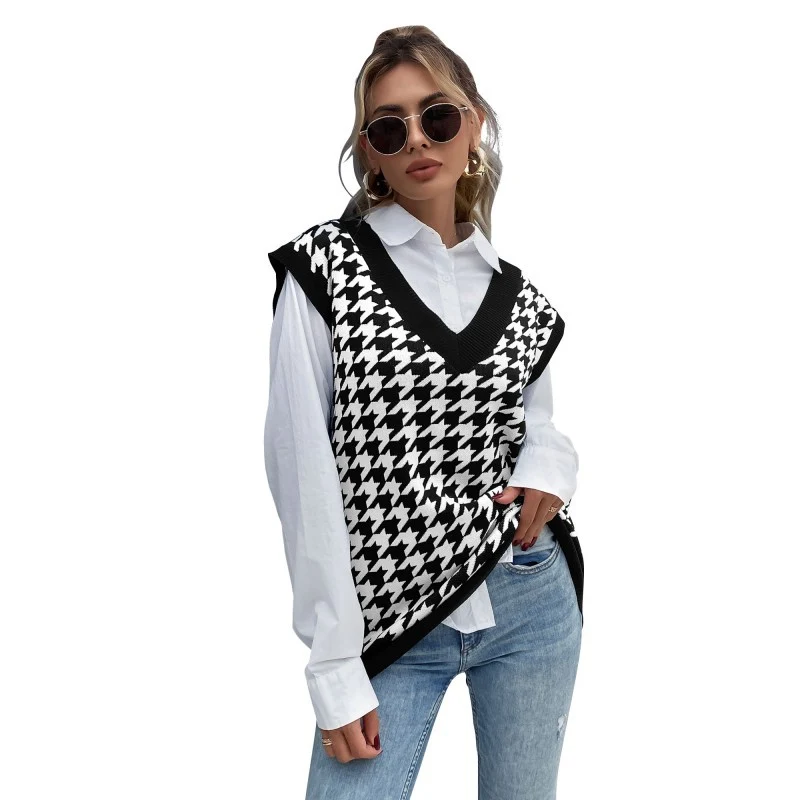 Damen Oversize Strickweste mit Hahnentrittmuster und V-Ausschnitt Nord Taschen