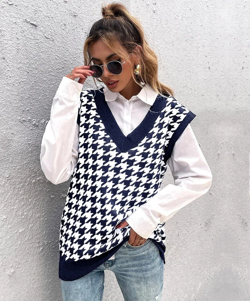 Damen Oversize Strickweste mit Hahnentrittmuster und V-Ausschnitt Nord Taschen