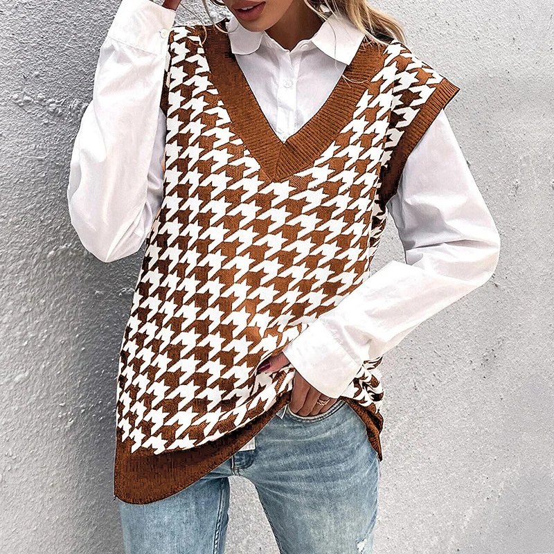 Damen Oversize Strickweste mit Hahnentrittmuster und V-Ausschnitt Nord Taschen