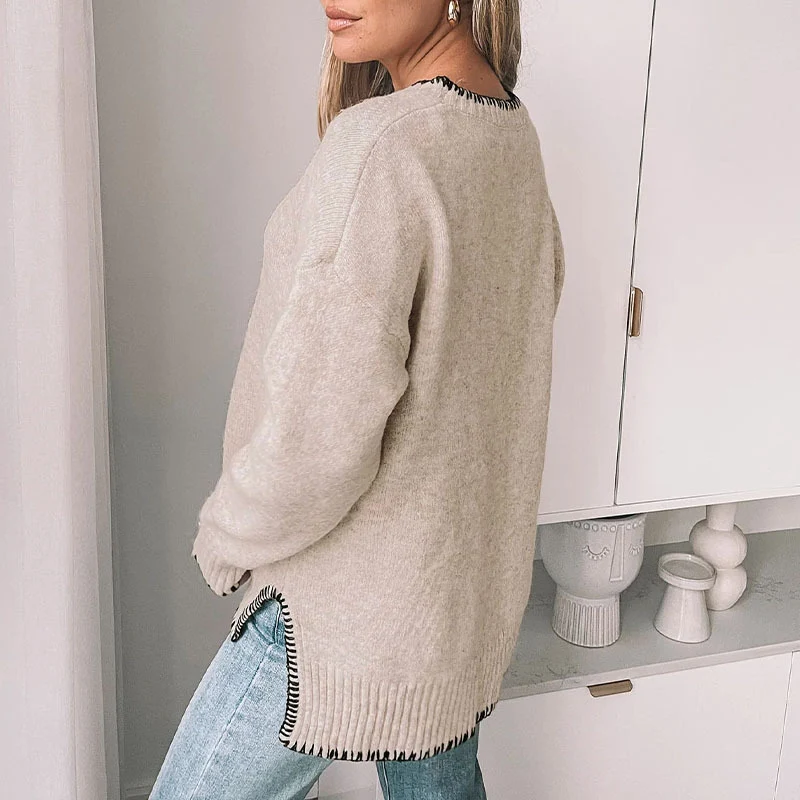 Damen Oversize Strickpullover mit Zierstichnaht, Rippbündchen und Rundhalsausschnitt Nord Taschen