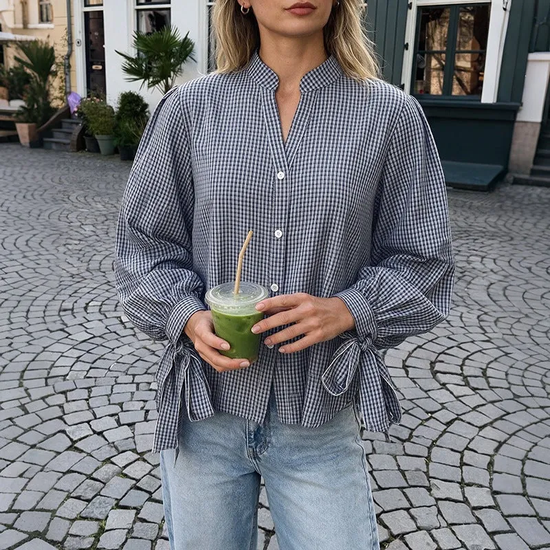 Damen Locker geschnittene Vichy-Karo-Bluse mit Stehkragen, Knopfleiste und Bindemanschetten Nord Taschen