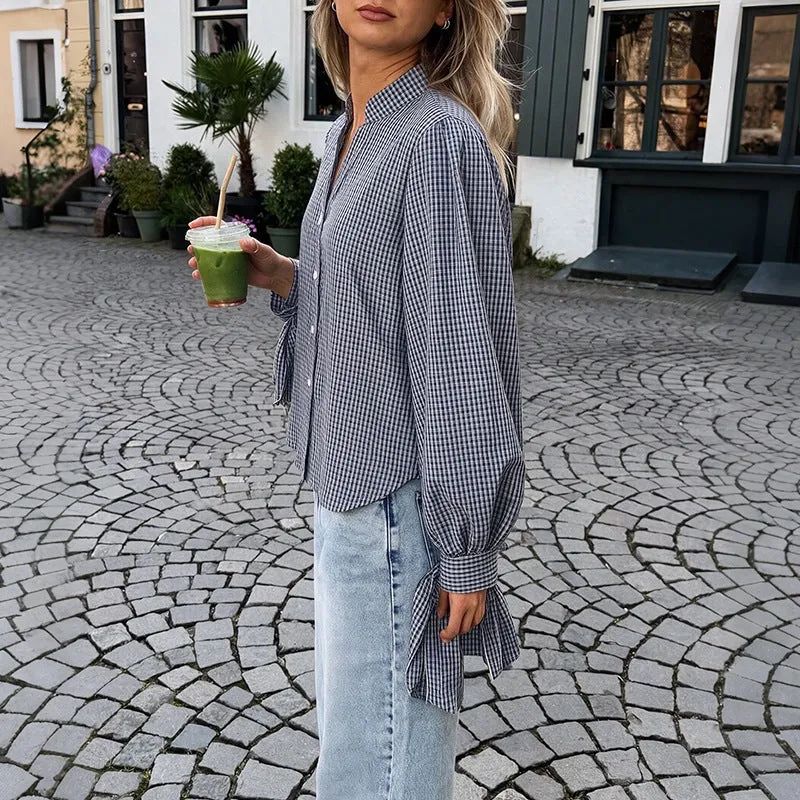 Damen Locker geschnittene Vichy-Karo-Bluse mit Stehkragen, Knopfleiste und Bindemanschetten Nord Taschen