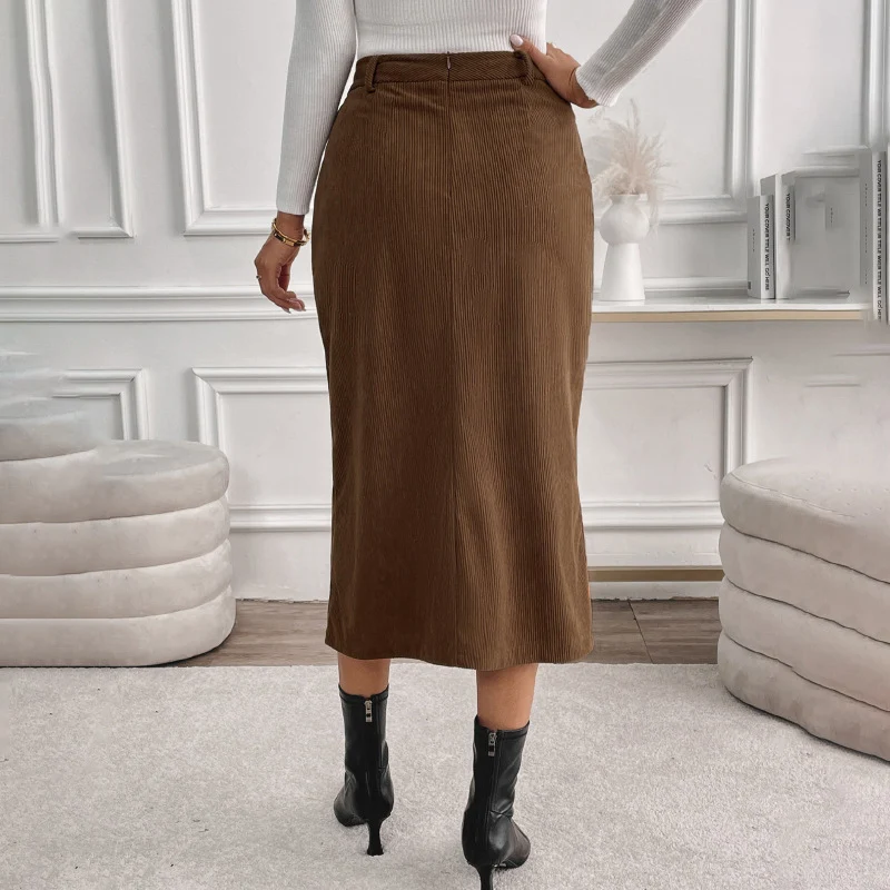 Damen Midirock aus Cord mit elastischem Bund, Seitentaschen und Frontschlitz Nord Taschen