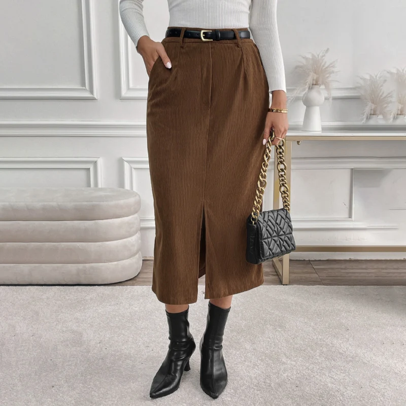 Damen Midirock aus Cord mit elastischem Bund, Seitentaschen und Frontschlitz Nord Taschen