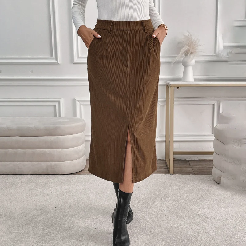 Damen Midirock aus Cord mit elastischem Bund, Seitentaschen und Frontschlitz Nord Taschen