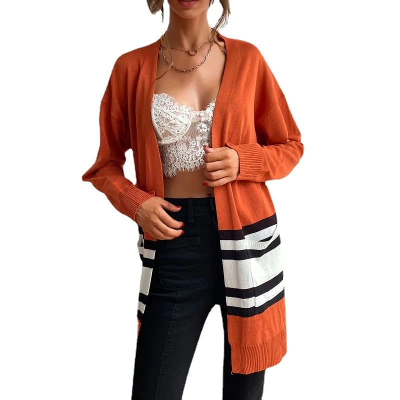 Damen Midilanger offener Feinstrick-Cardigan mit Colorblock-Streifen und aufgesetzten Taschen Nord Taschen