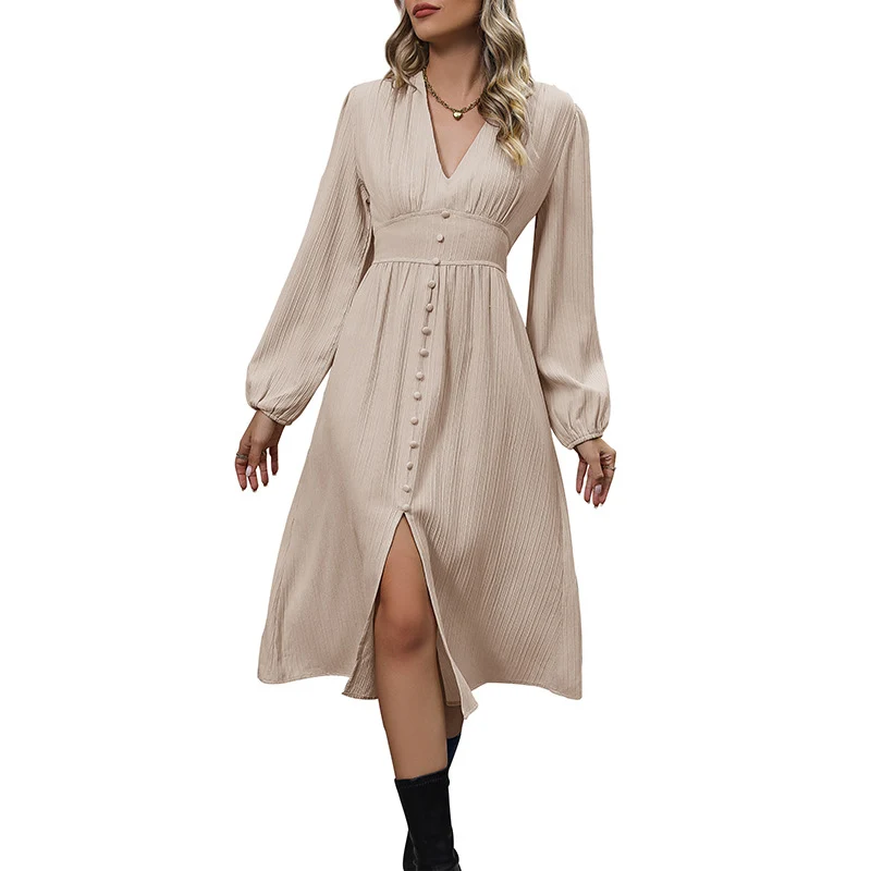 Damen Midikleid mit V-Ausschnitt, plissierter Crinkle-Optik, taillierter Passe & mittiger Knopfleiste Nord Taschen