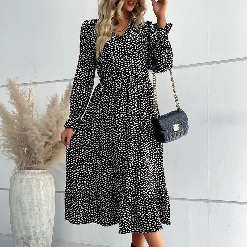 Damen Midikleid mit V-Ausschnitt, geraffter Taille und langen Smokärmeln Nord Taschen