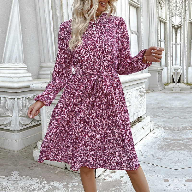 Damen Midikleid mit Stehkragen, Taillenband und langen Ärmeln Nord Taschen