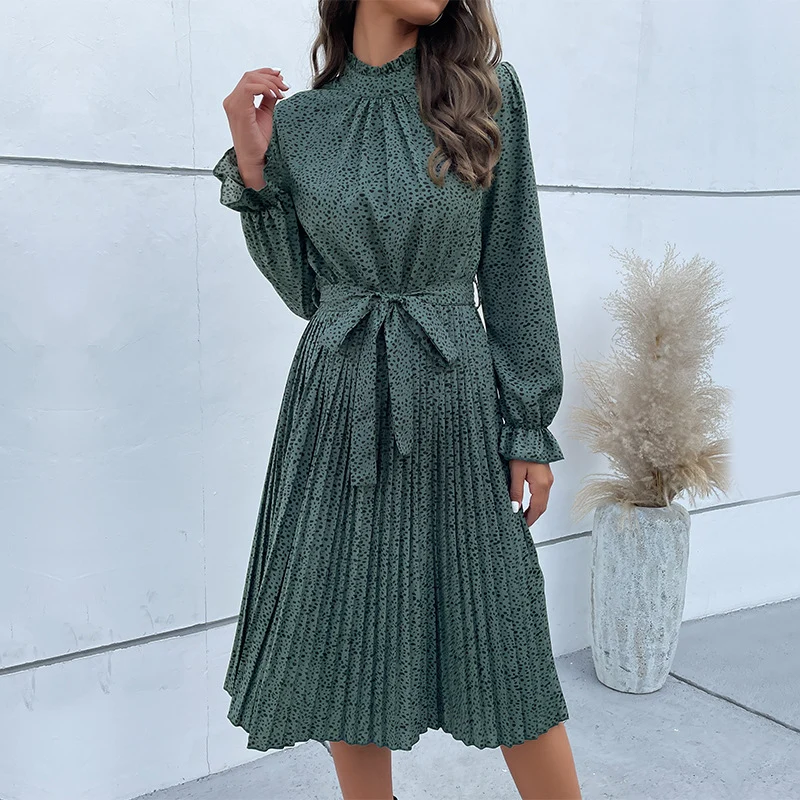 Damen Midikleid mit Stehkragen, geraffter Passe und Bindegürtel Nord Taschen
