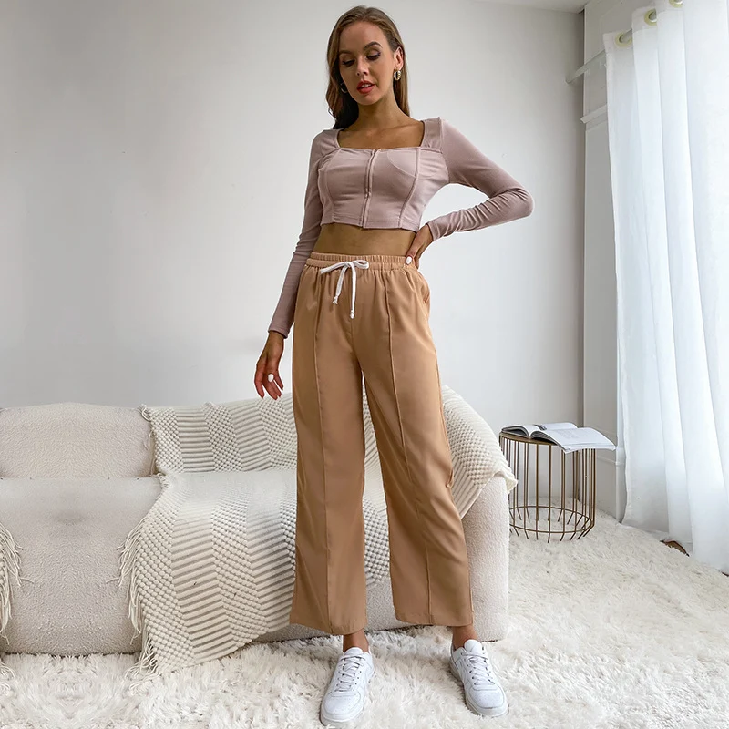 Damen Weite High‑Waist-Hose mit Gummibund, Kordelzug und Bügelfalte Nord Taschen