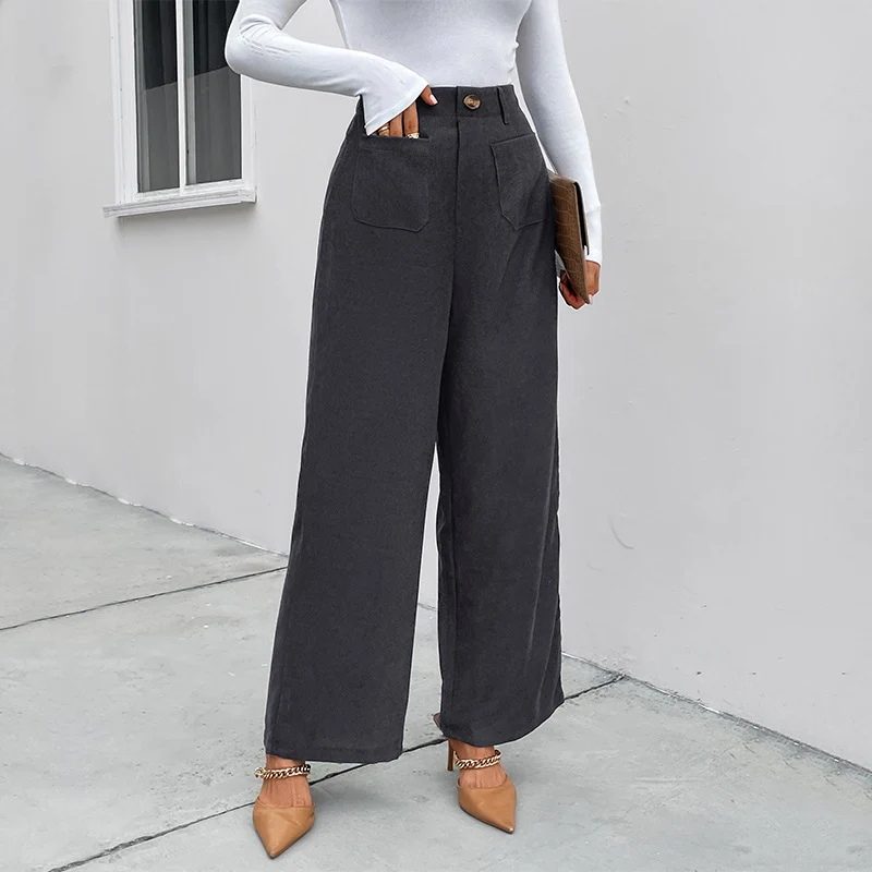 Damen Weite Cordhose mit hoher Taille, aufgesetzten Taschen und weitem Bein Nord Taschen