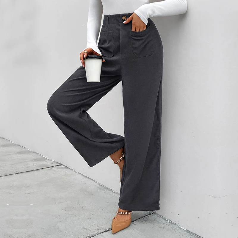 Damen Weite Cordhose mit hoher Taille, aufgesetzten Taschen und weitem Bein Nord Taschen