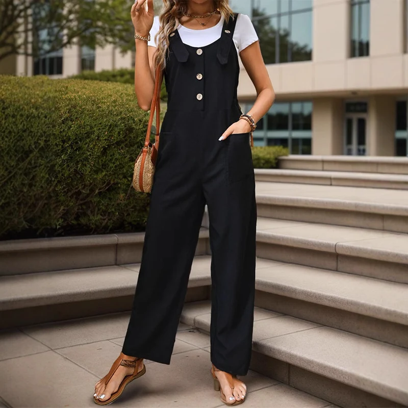 Damen Weichfallender Latz-Jumpsuit mit weitem Bein und Holzknopf‑Verschluss Nord Taschen