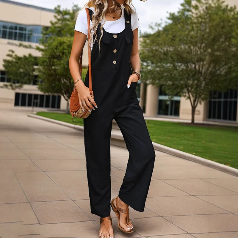 Damen Weichfallender Latz-Jumpsuit mit weitem Bein und Holzknopf‑Verschluss Nord Taschen
