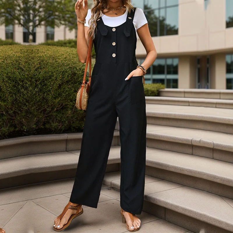 Damen Weichfallender Latz-Jumpsuit mit weitem Bein und Holzknopf‑Verschluss Nord Taschen