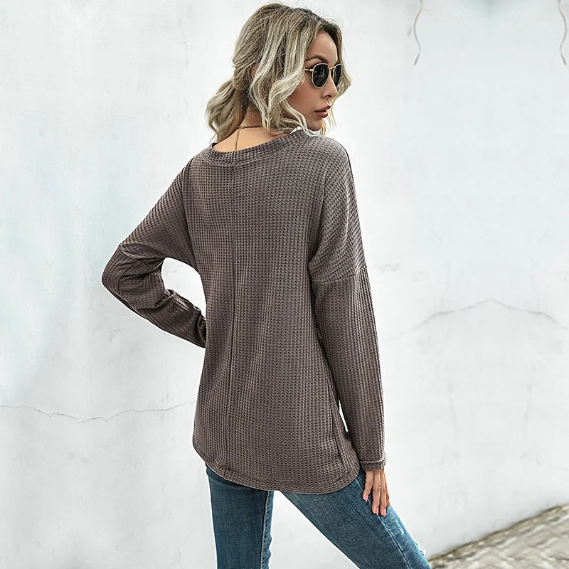Damen Waffelstrick Wickelshirt mit V-Ausschnitt und langen Ärmeln Nord Taschen