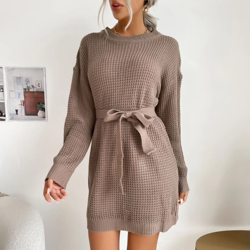 Damen Waffelstrick-Minikleid mit Tunnelzug-Taillengürtel und geripptem Saum Nord Taschen