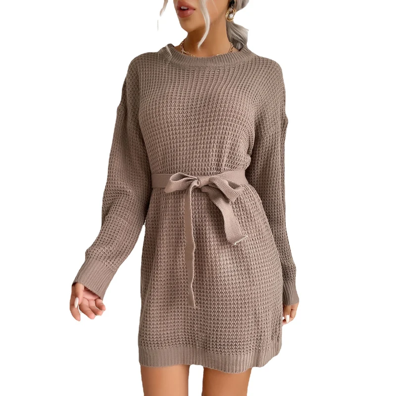 Damen Waffelstrick-Minikleid mit Tunnelzug-Taillengürtel und geripptem Saum Nord Taschen