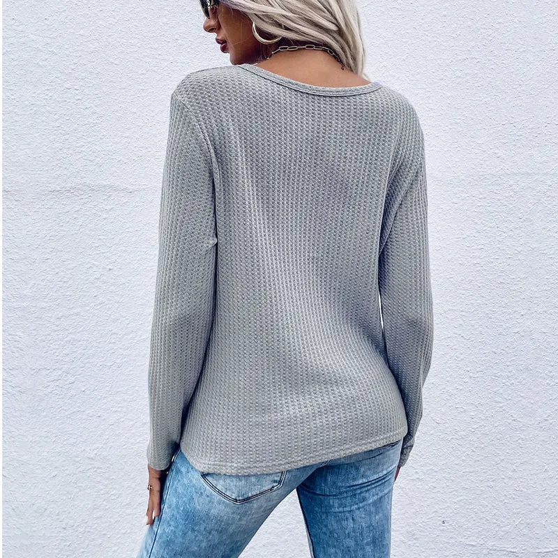 Damen Waffelstrick-Longsleeve mit V‑Ausschnitt und Knotenfront Nord Taschen