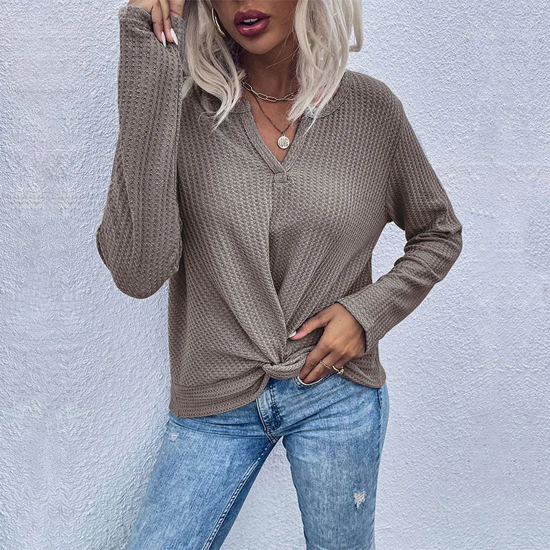 Damen Waffelstrick-Longsleeve mit V‑Ausschnitt und Knotenfront Nord Taschen