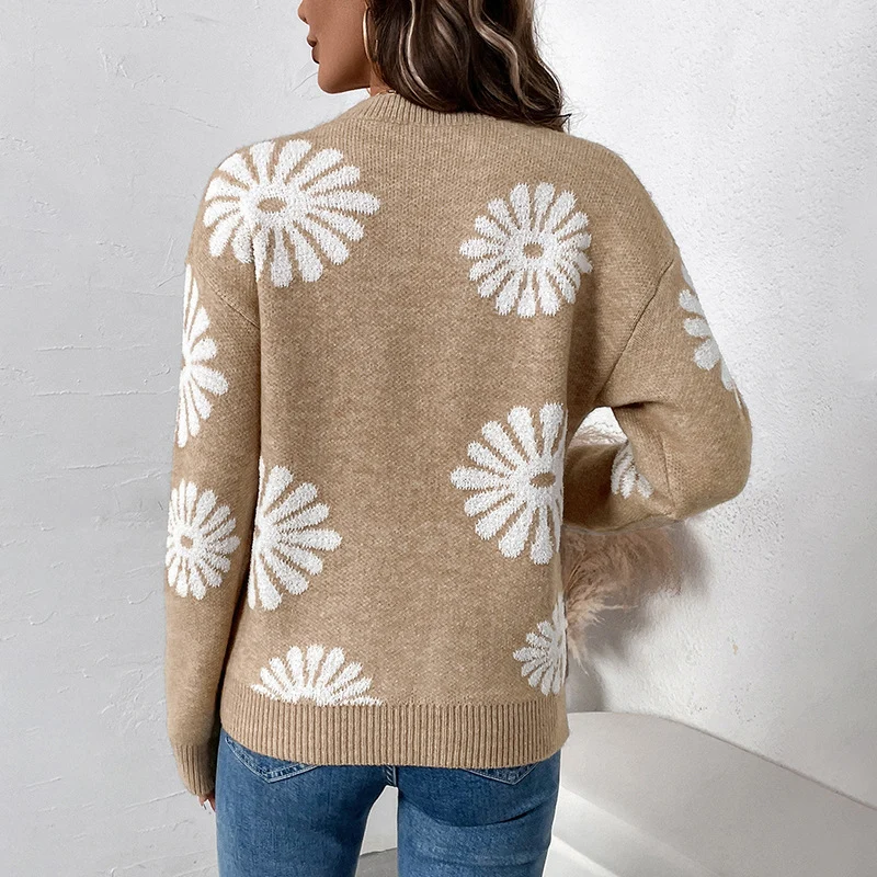 Damen Strickpullover mit übergroßem Blumen-Jacquard, Rundhalsausschnitt und gerippten Bündchen Nord Taschen