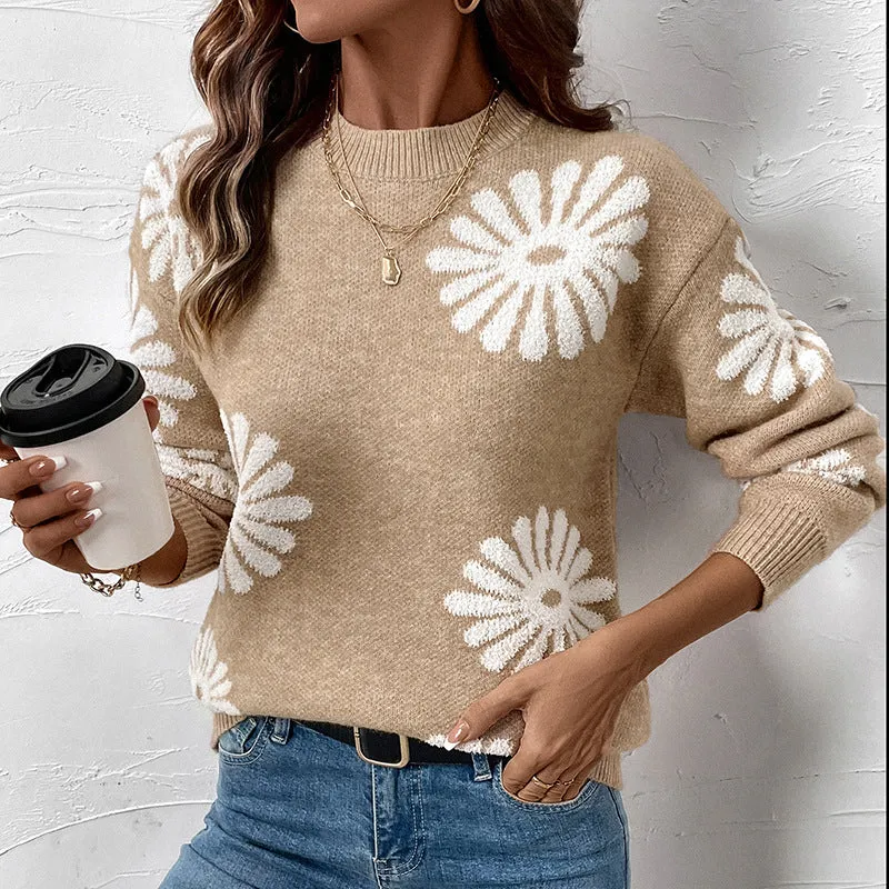 Damen Strickpullover mit übergroßem Blumen-Jacquard, Rundhalsausschnitt und gerippten Bündchen Nord Taschen