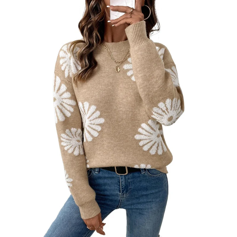Damen Strickpullover mit übergroßem Blumen-Jacquard, Rundhalsausschnitt und gerippten Bündchen Nord Taschen