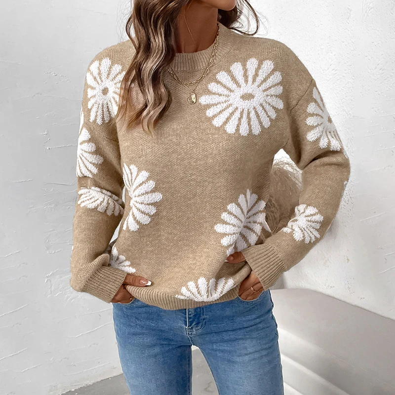 Damen Strickpullover mit übergroßem Blumen-Jacquard, Rundhalsausschnitt und gerippten Bündchen Nord Taschen