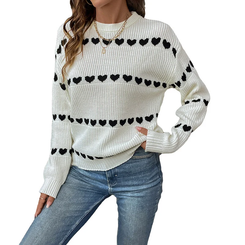 Damen Strickpullover mit Herz-Jacquard, Rundhalsausschnitt und lässiger Oversize-Passform Nord Taschen