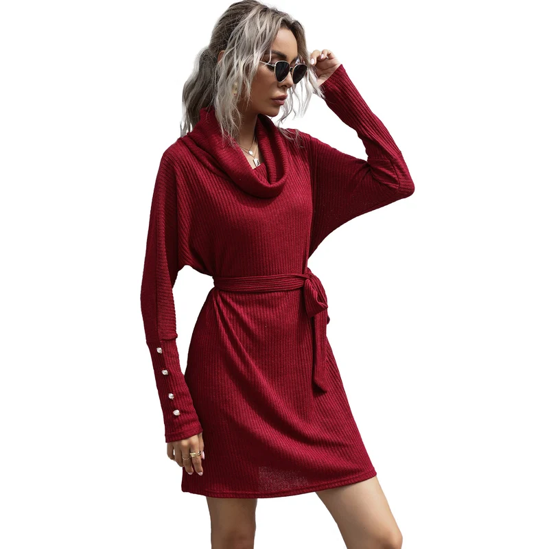 Damen Strickkleid mit weitem Schalkragen, Taillengürtel und geripptem Feinstrick Nord Taschen