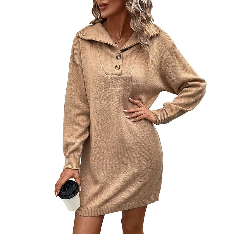 Damen Strickkleid mit Polokragen und Knopfleiste im lockeren Schnitt Nord Taschen