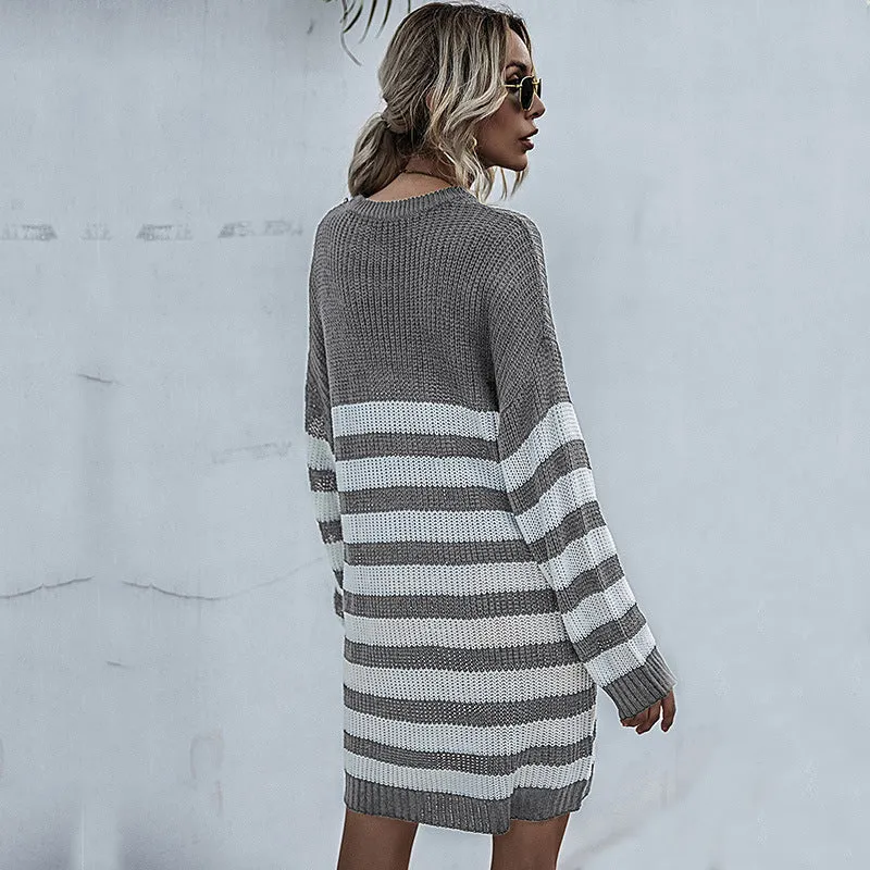 Damen Strickkleid im Oversize-Look mit Blockstreifen und geripptem Saum Nord Taschen