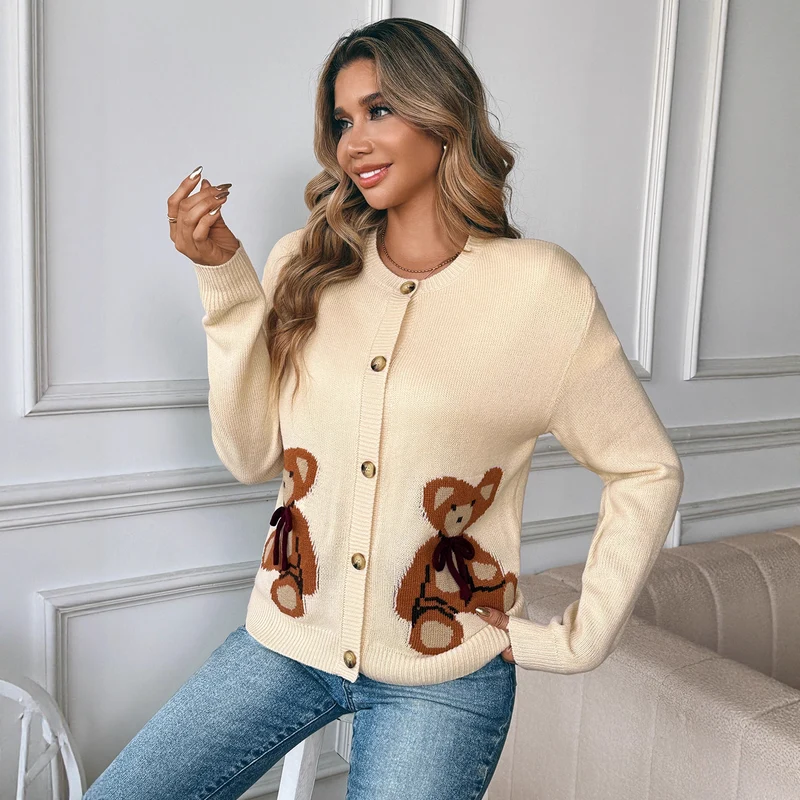 Damen Strickcardigan mit Teddybär-Intarsia, Knopfleiste & Rippbündchen Nord Taschen