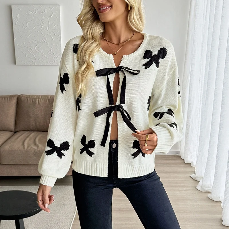 Damen Strickcardigan mit Schleifenapplikation und Bindebändern Nord Taschen