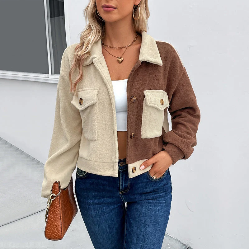 Damen Kurzjacke aus Teddy-Fleece mit Colorblock-Design & Pattentaschen Nord Taschen
