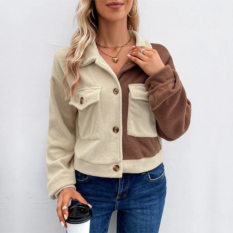 Damen Kurzjacke aus Teddy-Fleece mit Colorblock-Design & Pattentaschen Nord Taschen