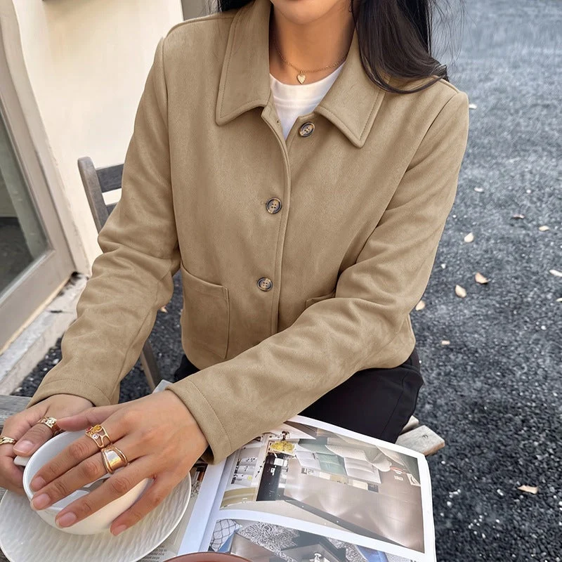 Damen Kurzjacke aus Wildleder‑Optik mit Hemdkragen und aufgesetzten Taschen Nord Taschen
